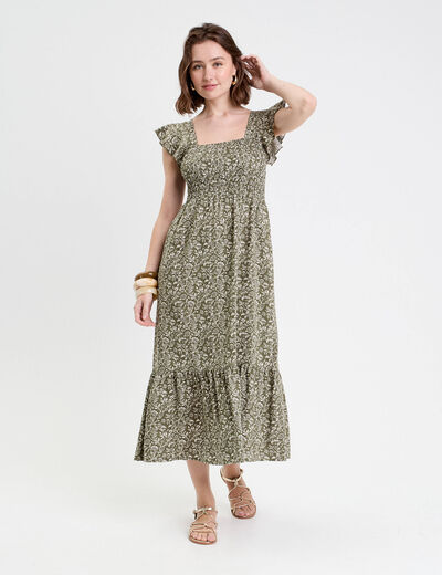 Robe longue évasée smockée vert kaki femme