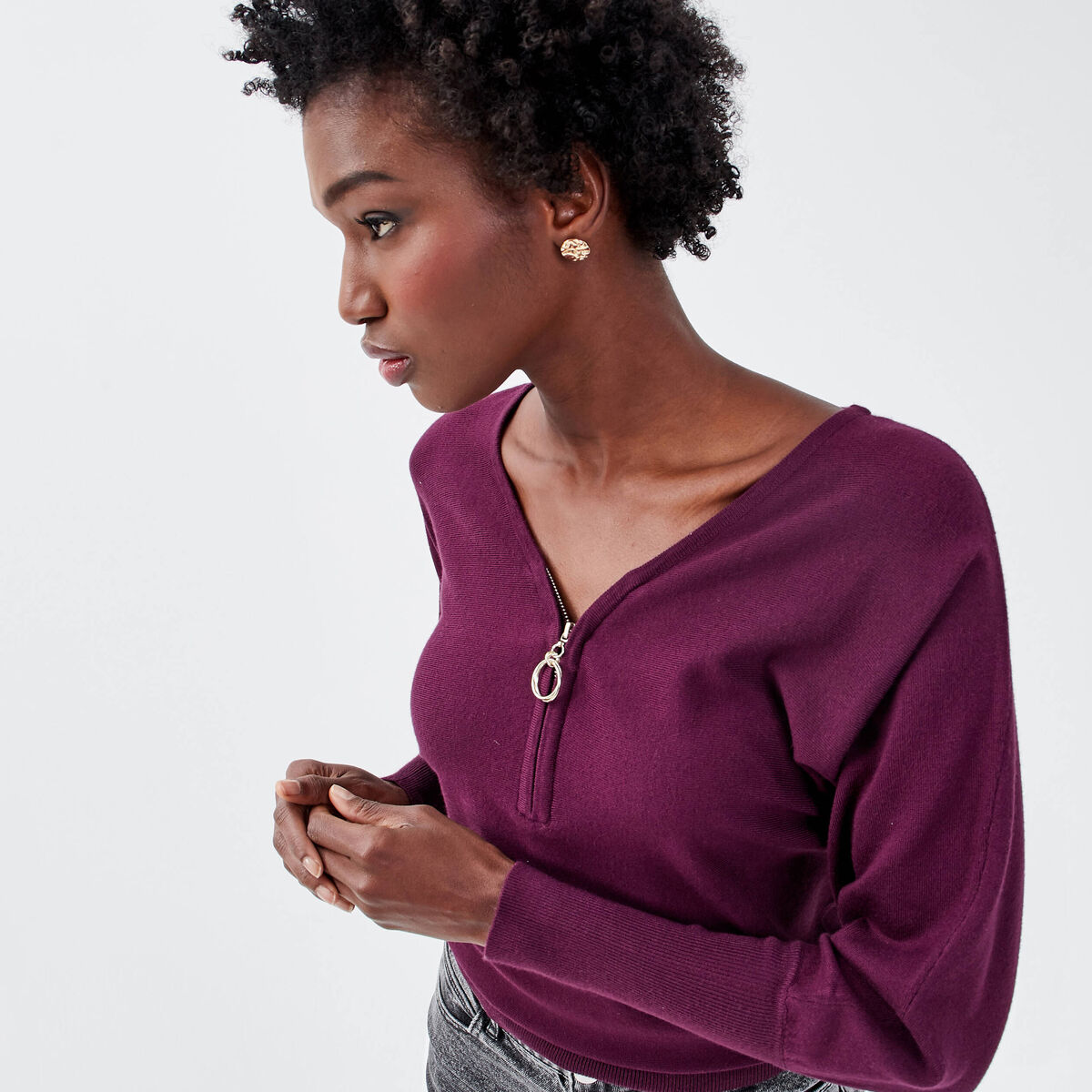 Pull avec col zippé prune femme