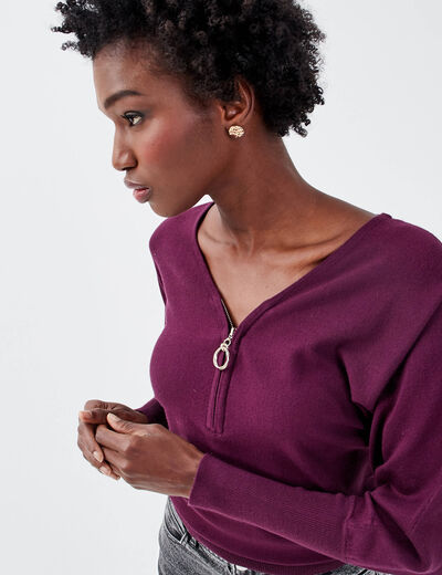 Pull avec col zippé prune femme