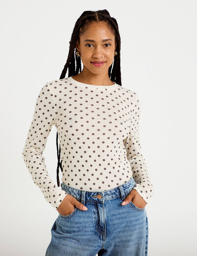 T-shirt ajust&eacute; col rond manches longues ivoire femme