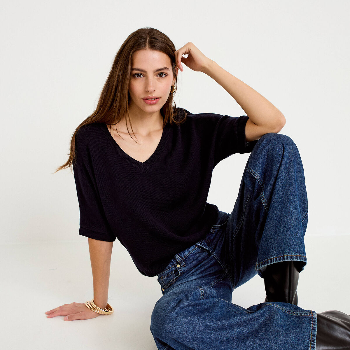 Pull ample col v manches courtes bleu marine femme
