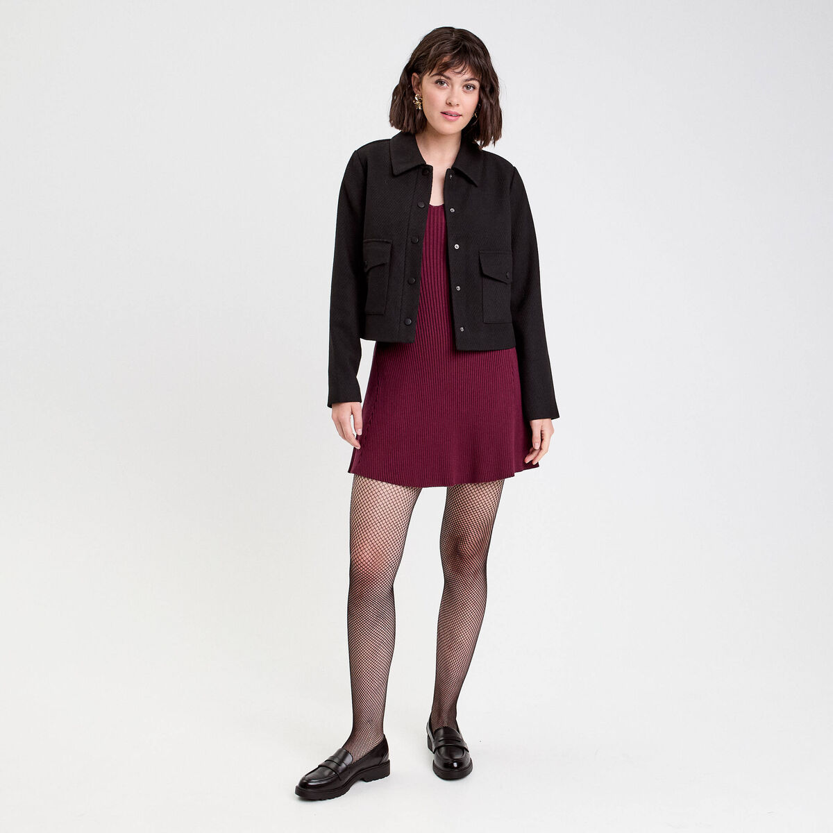 Robe tricot patineuse c&ocirc;tel&eacute;e bordeaux femme