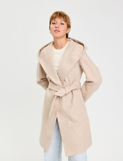 Manteau ceintur&eacute; &agrave; capuche beige femme