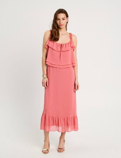 Robe longue droite volants rose pastel femme