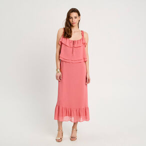 robe longue droite volants rose pastel femme Robe longue droite volants rose pastel femme