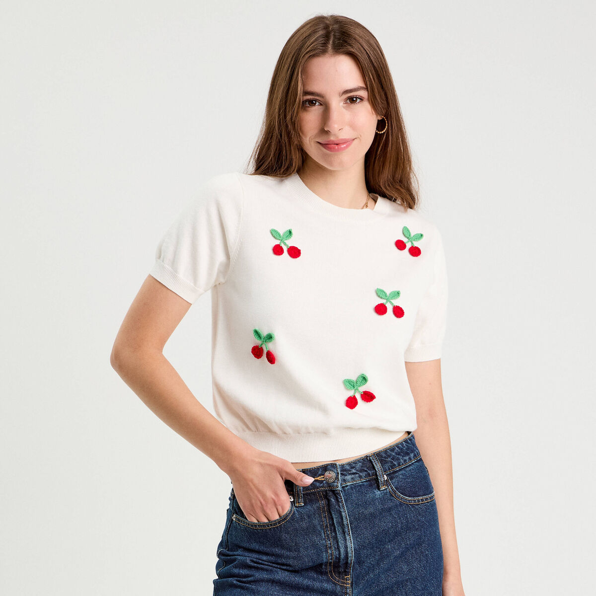 Pull manches courtes patchs ecru femme