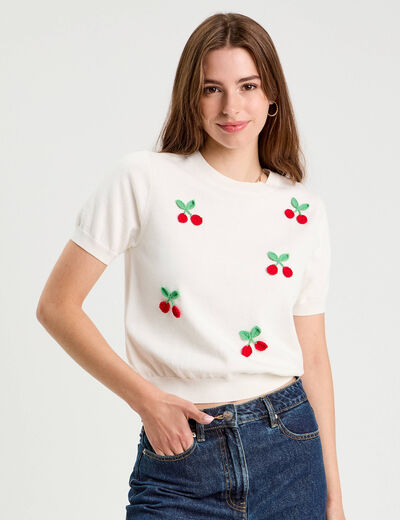 Pull manches courtes patchs ecru femme