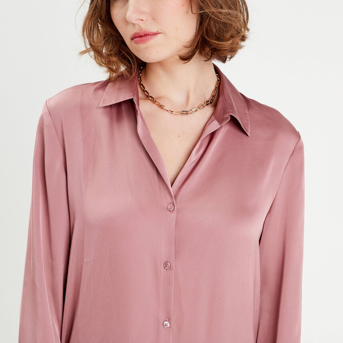 Chemise manches longues satin vieux rose femme