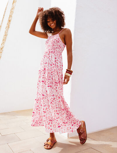 Robe longue évasée smockée rose fushia femme