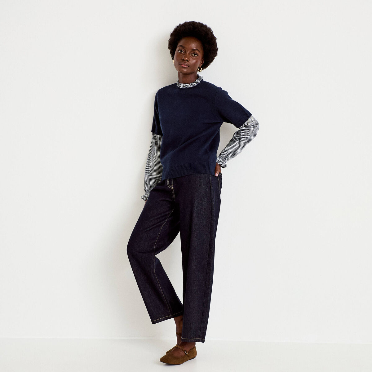 Pull 2-en-1 col rond manches vichy bleu marine femme