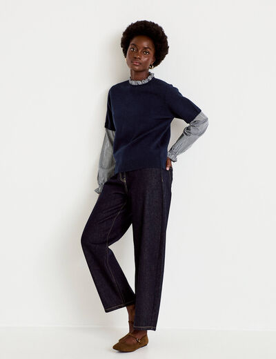 Pull 2-en-1 col rond manches vichy bleu marine femme