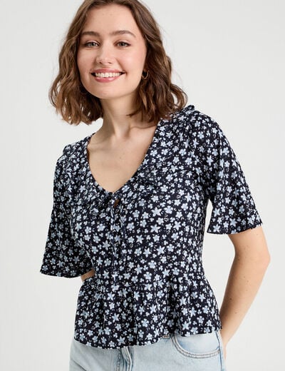 Blouse noeud et volants noir femme