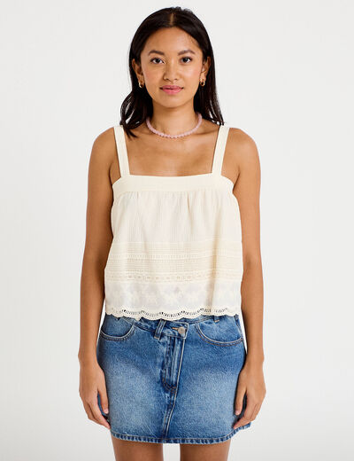 Top &agrave; bretelles broderie ecru femme