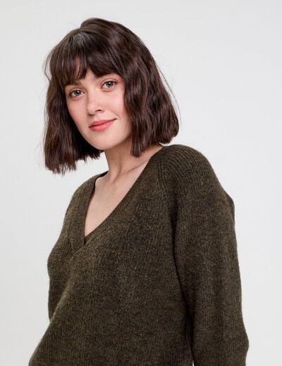 Pull avec col en V vert kaki femme