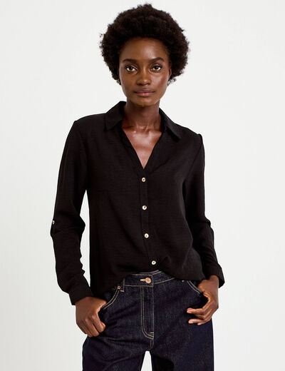 Chemise droite pliss&eacute;e manches longues noir femme
