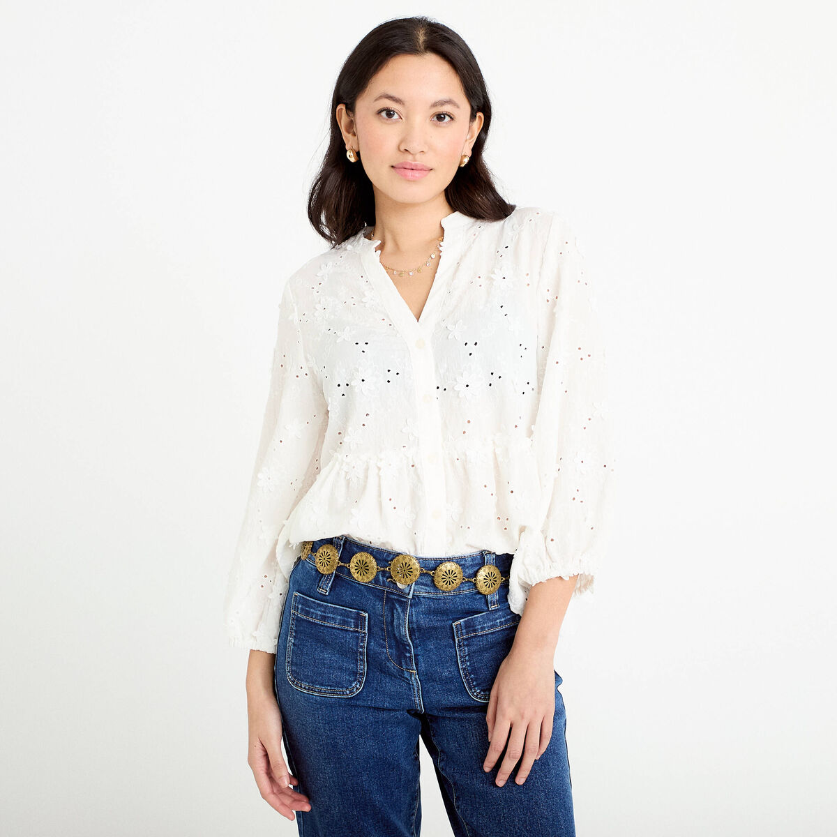 Blouse &agrave; motif en relief ecru femme