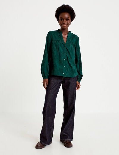 Blouse droite col rond manches longues vert fonc&eacute; femme