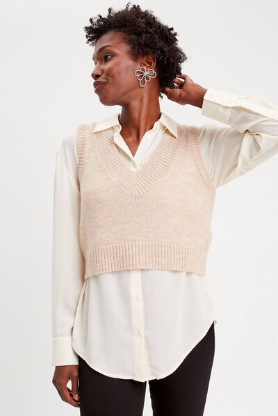 Pull sans manches col en V sable femme