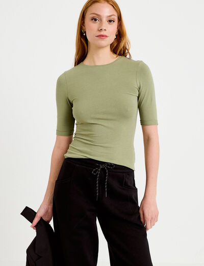 T-shirt ajust&eacute; col rond manches courtes vert kaki femme