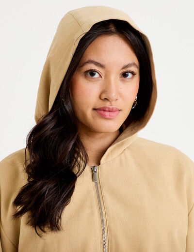Veste cropped &agrave; capuche manches longues beige femme