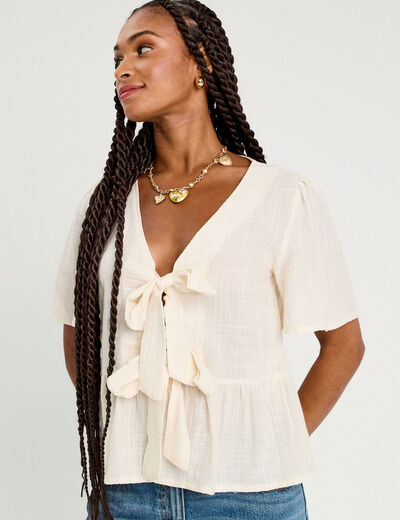 Blouse manches courtes noeuds ecru femme