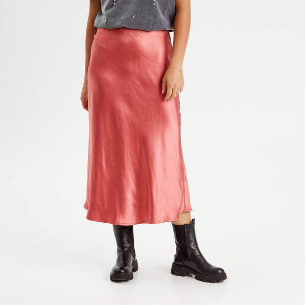 Jupe midi évasée satin rose pastel femme