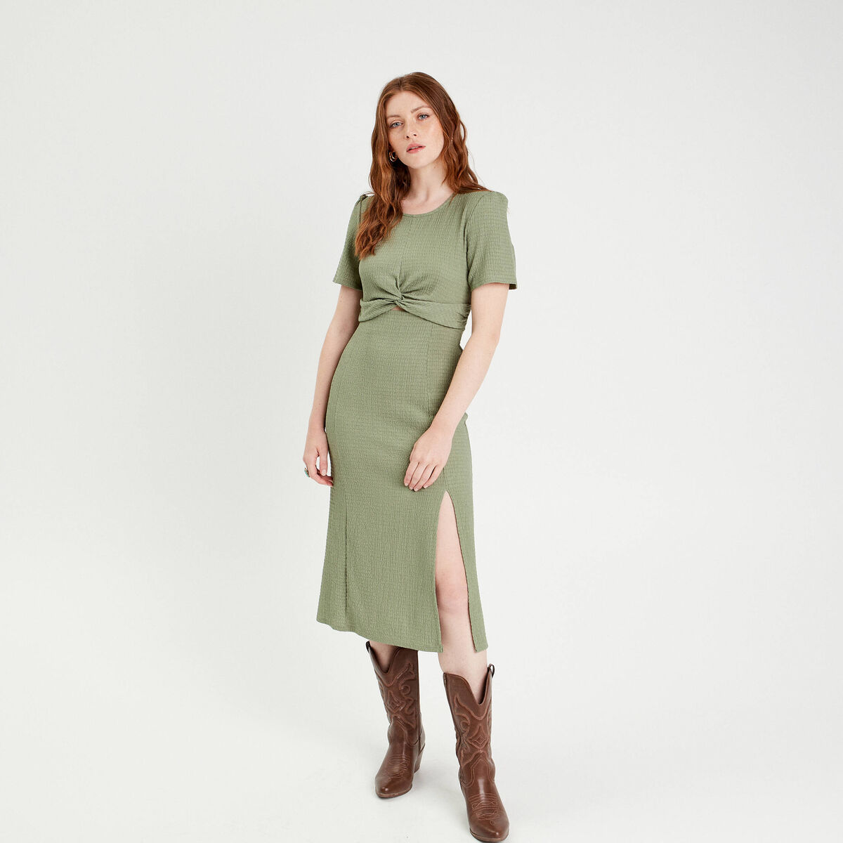 Robe midi ajustée col rond vert kaki femme