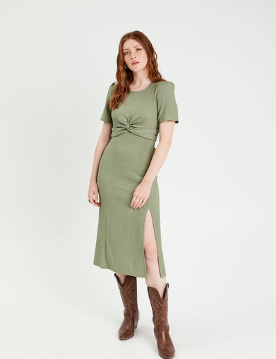 Robe midi ajustée col rond vert kaki femme