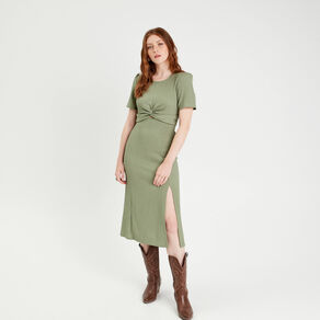 robe midi ajustee col rond vert kaki femme Robe midi ajustée col rond vert kaki femme