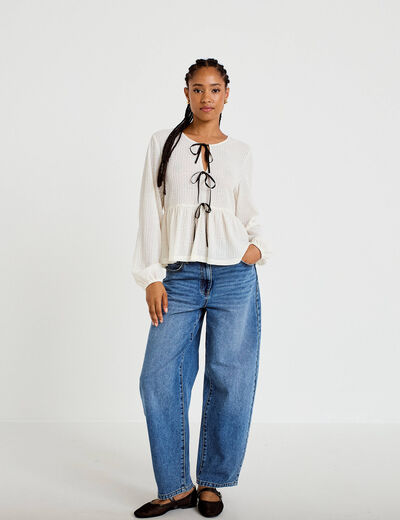 Blouse noeuds contrast&eacute;s ecru femme