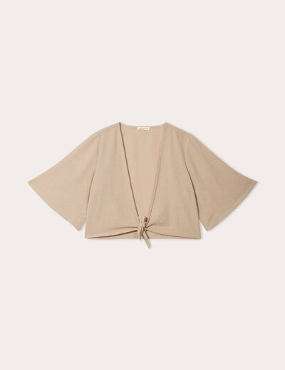 Blouse manches 3/4 nouée beige femme