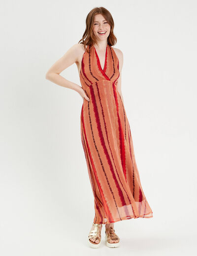 Robe longue évasée col en V rouge femme