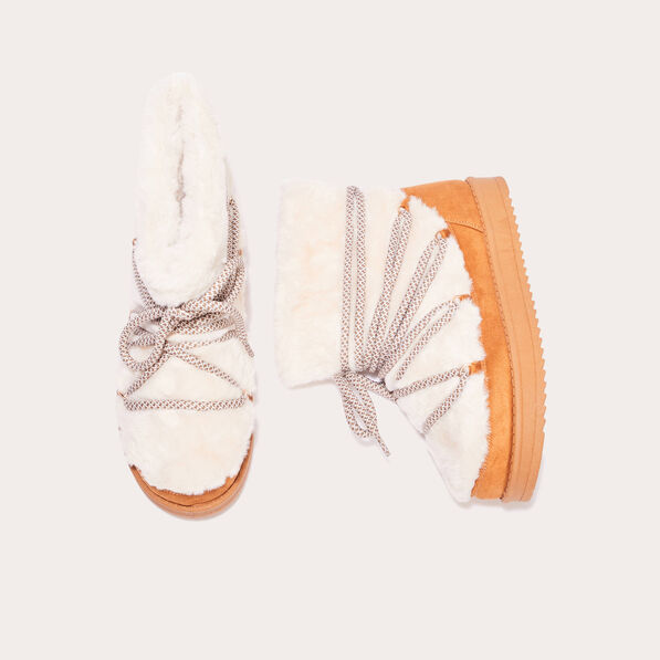 Bottines fausse fourrure à lacets camel femme