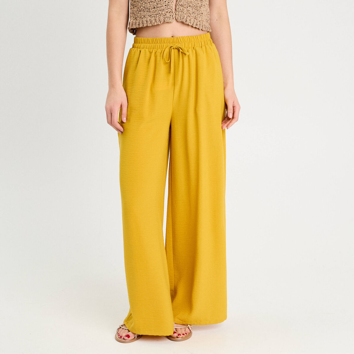 Pantalon large fluide jaune citron femme