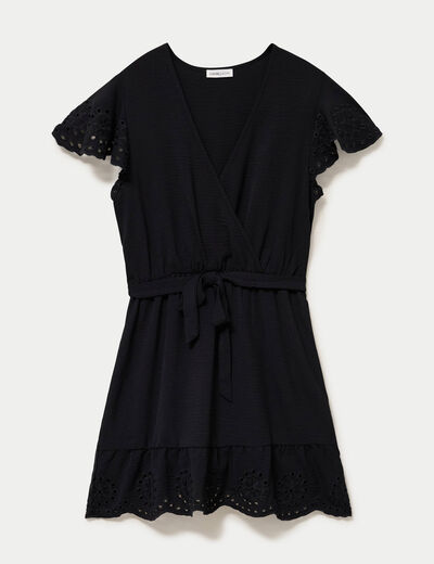 Robe courte &eacute;vas&eacute;e col v manches courtes noir femme