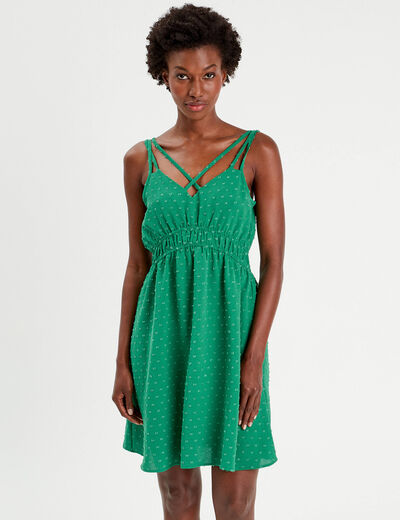 Robe évasée fluide plumetis vert femme