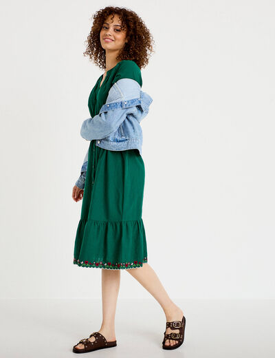Robe &eacute;vas&eacute;e broderie col chemise vert fonc&eacute; femme