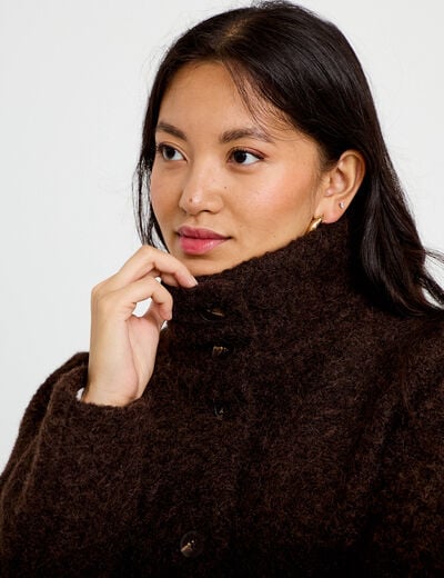 Veste droite bouclette col montant marron fonc&eacute; femme