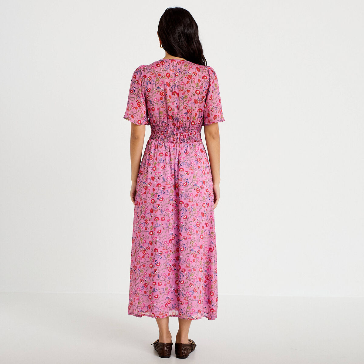 Robe longue &eacute;vas&eacute;e voile manches courtes rose femme