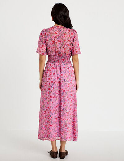 Robe longue &eacute;vas&eacute;e voile manches courtes rose femme