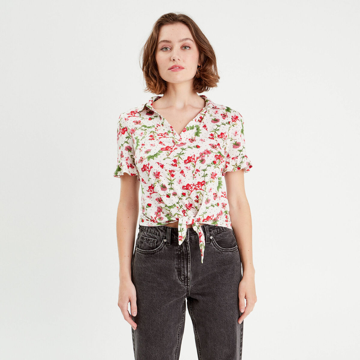 Chemise manches courtes nouée blanc femme