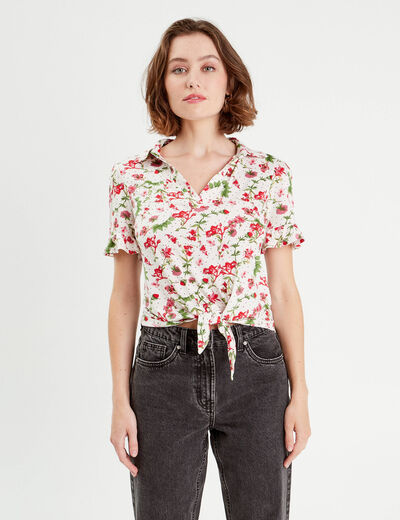 Chemise manches courtes nouée blanc femme