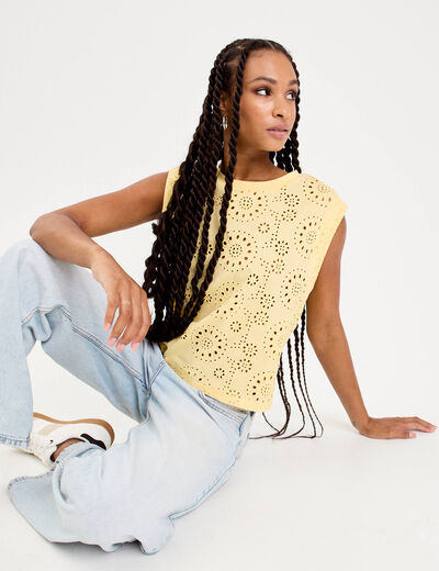 T-shirt sans manches brodé jaune clair femme