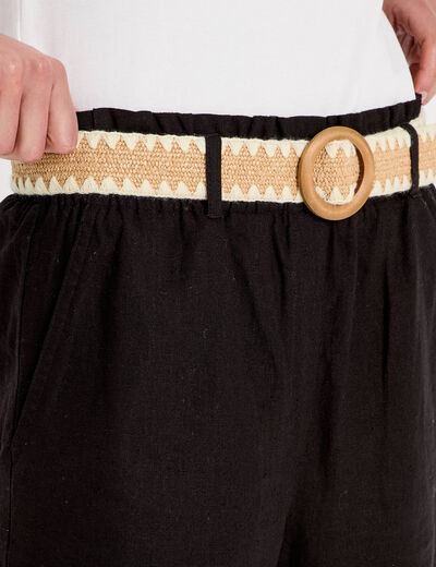 Short ample ceinturé contenant du lin noir femme