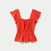 Blouse ajour&eacute;e col carr&eacute; manches courtes orange fonc&eacute; femme