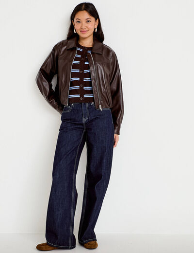 Veste effet boule manches longues marron fonc&eacute; femme