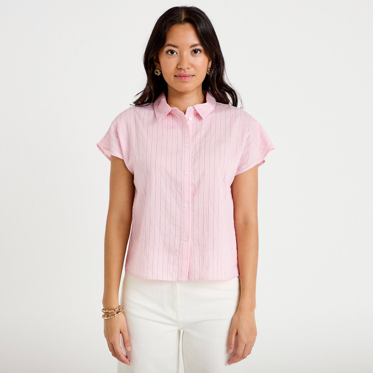 Chemise ample pliss&eacute;e manches courtes rose femme
