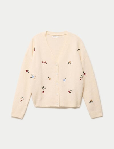 Gilet manches longues fleurs brod&eacute;es sable femme