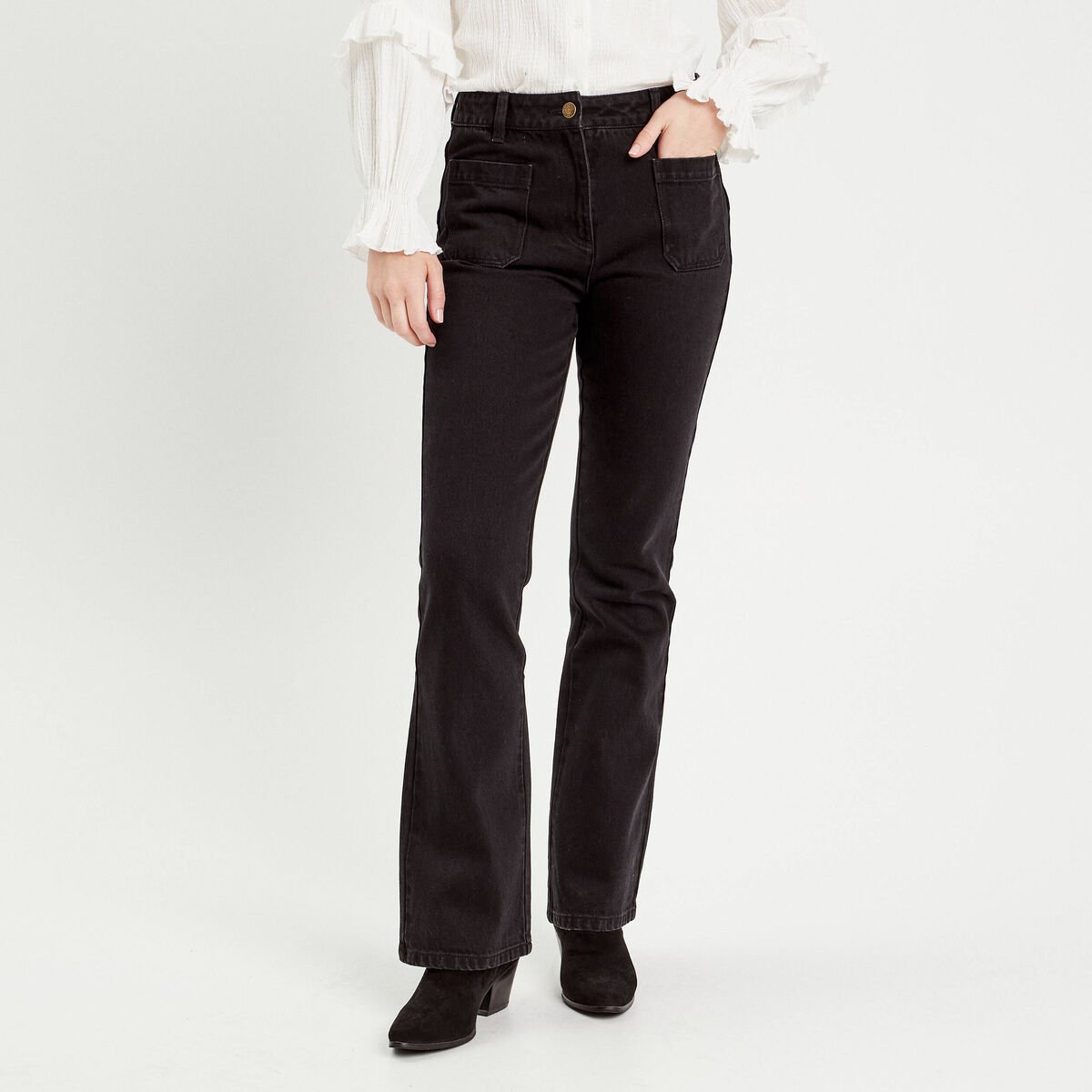 Jeans flare poches plaquées denim noir femme