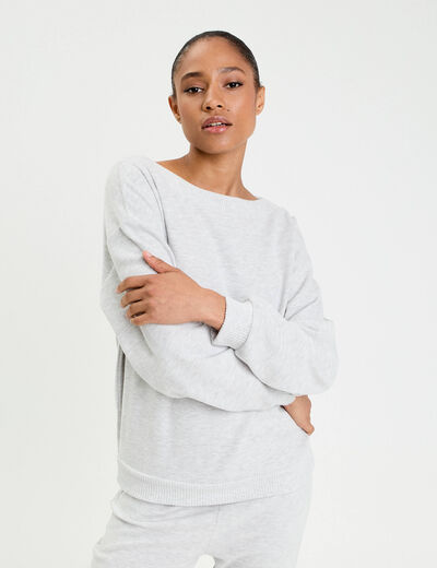 Sweat duveteux col rond manches longues gris clair femme